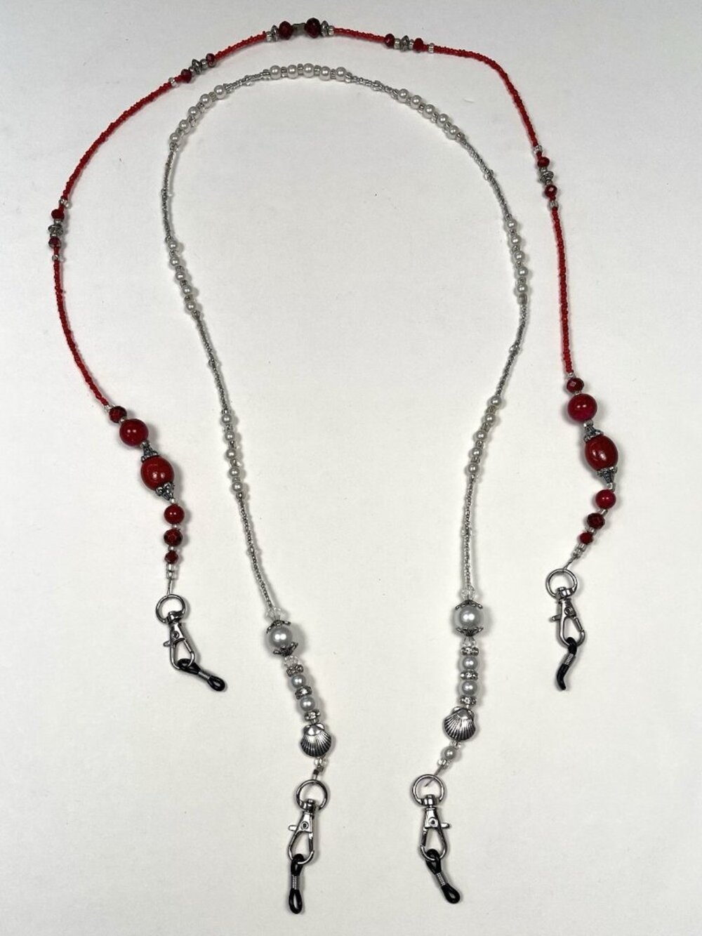 Lot 2 Handmade Beaded 29" Red & White Mask Glasses EYEGLASS CHAINS Holders NEW